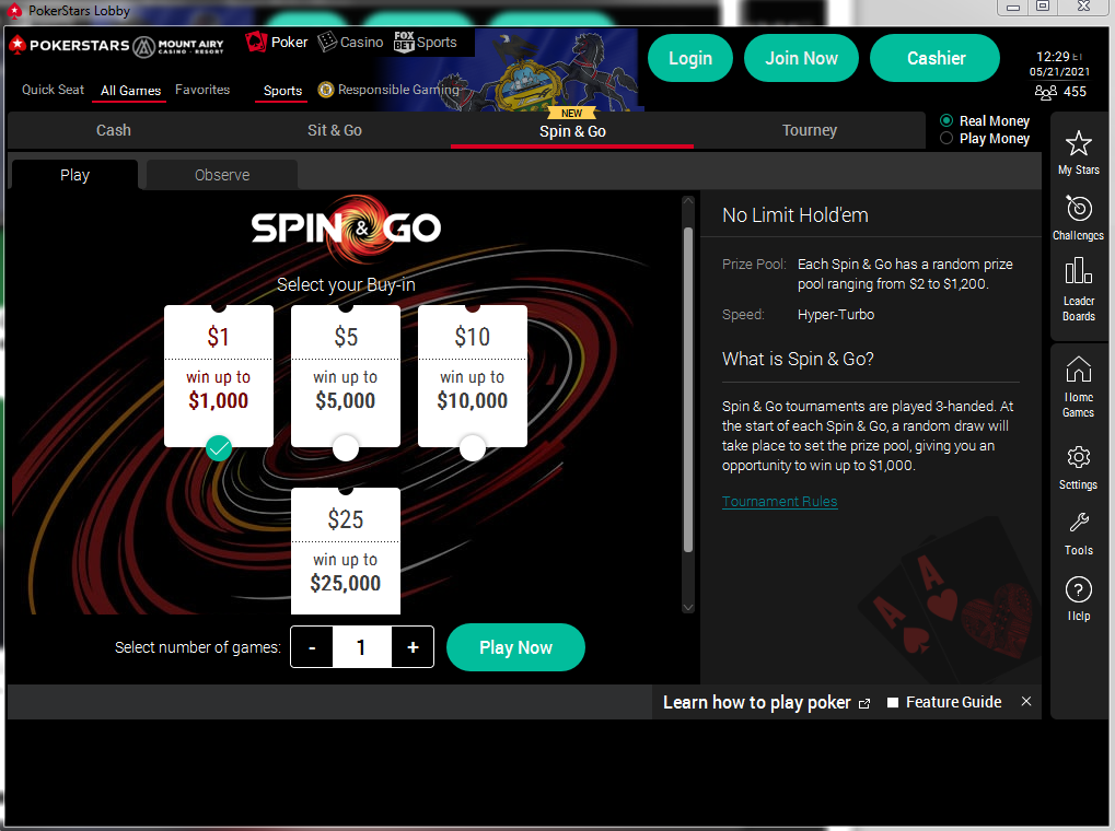 PokerStars PA offers Spin and Go torunaments with prizes up to 1000x the buy-in